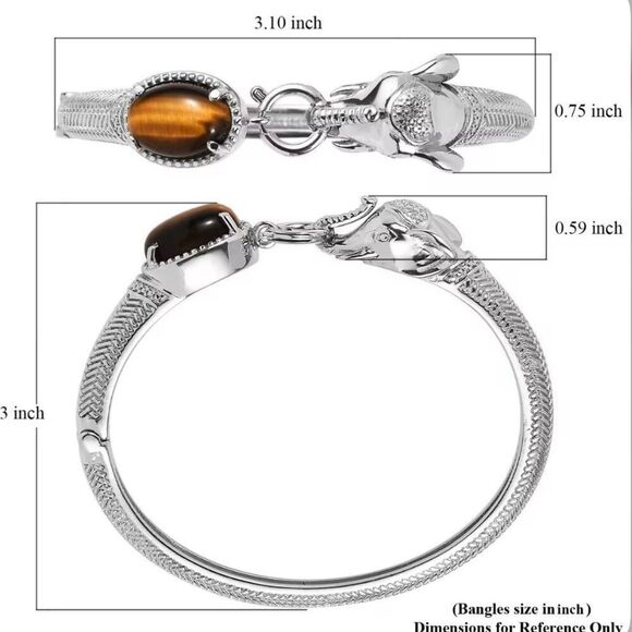 Tigers Eye 6.10 ctw Silver Bangle Bracelet Elephant Design 7.25 In New - Picture 6 of 6